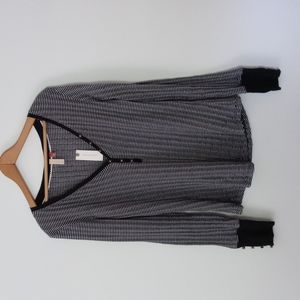 Anthropologie NWT (XL) Pilcro b&w striped henley w/ brass button v neck & cuffs